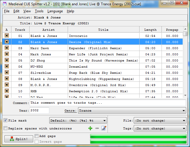 A CUE file split for Win. Supported format: WAV,MP3,FLAC,APE,OGG,WMA,MPC,WV,TTA